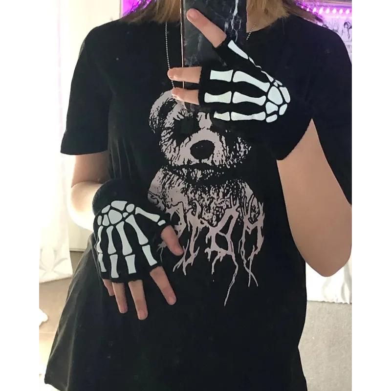 Punk Gloves Unisex Halloween Skeleton Skull Half Finger Gloves Glow In The Dark Fingerless Stretch Knitted Winter Mittens