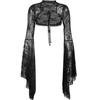 Vintage Gothic Schwarzes Spitzen-T-Shirt, elegantes Smock-Top mit ausgestellten Ärmeln, durchsichtig, sexy, abgeschnittene Tops, Cardigan, Streetwear