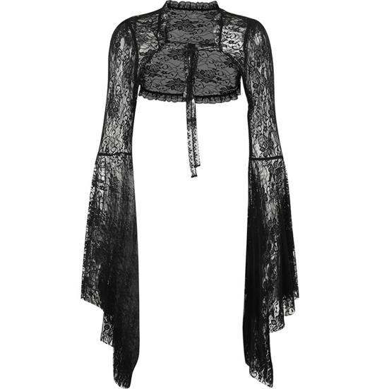 Vintage Gothic Schwarzes Spitzen-T-Shirt, elegantes Smock-Top mit ausgestellten Ärmeln, durchsichtig, sexy, abgeschnittene Tops, Cardigan, Streetwear