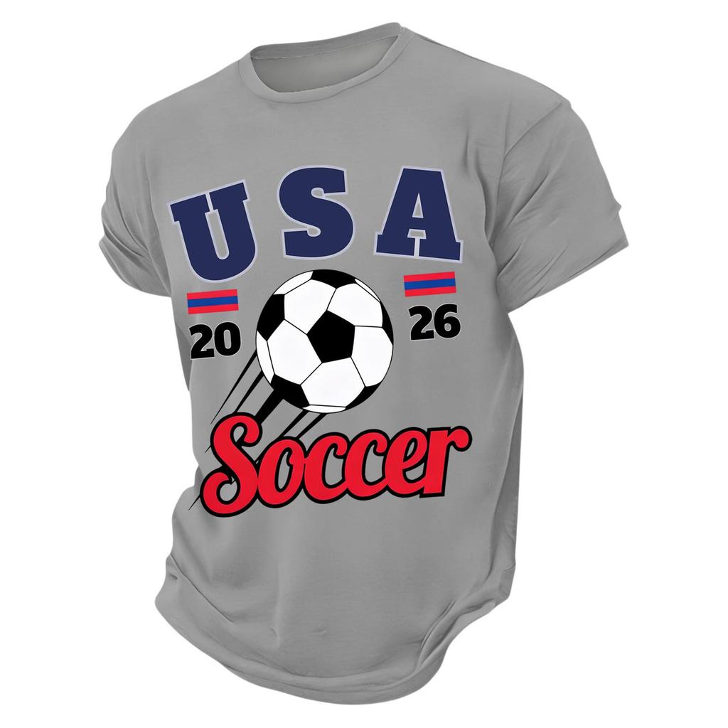 Men’s Casual Crew Neck Printed Short Sleeve Lightweight Breathable Top with USA 2026 Soccer Letter Graphic Design