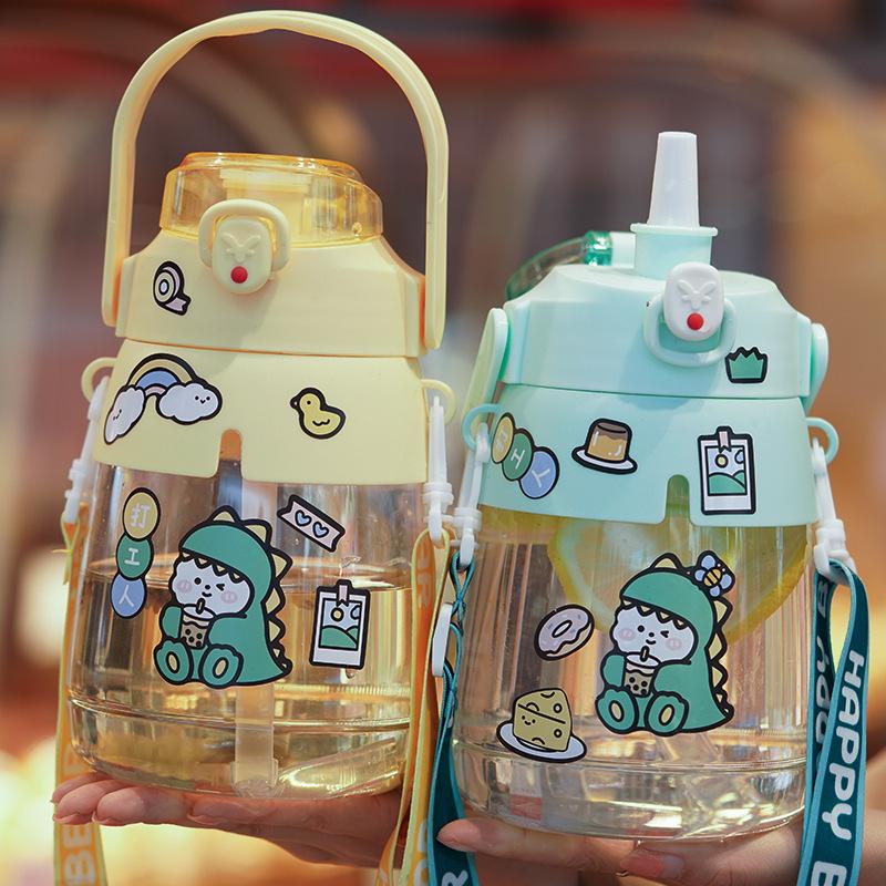Water Bottle Internet Celebrity Large Capacity Big Belly Cup Girls Children Straw Cup Cute Sticker Hand Strap Plastic Cup