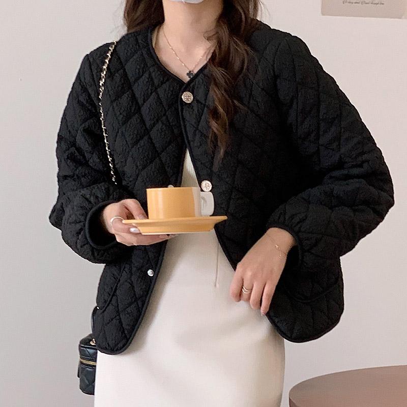 Women's Autumn Winter O Neck Long Sleeve Button Big Pocket Short Warm Parka Chic Jacket