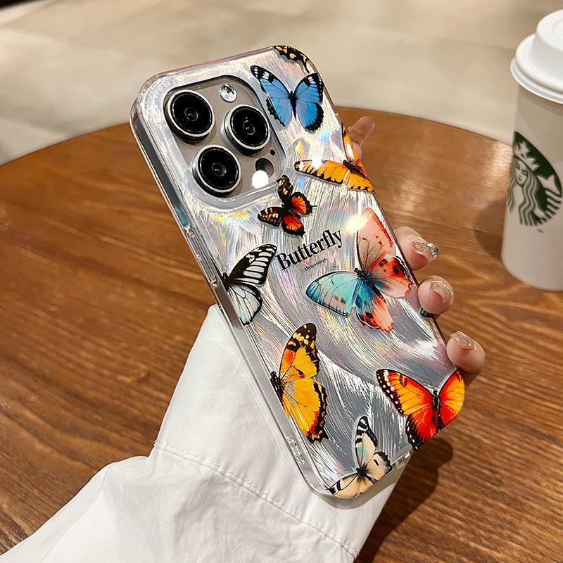 

Luxury Letter Butterfly Silver Gradual feather sand Phone Case For iPhone 16 15 14 13 12 11 Pro Max X XR 7 8 Plus Lanyard Cover For iPhone 15 Pro