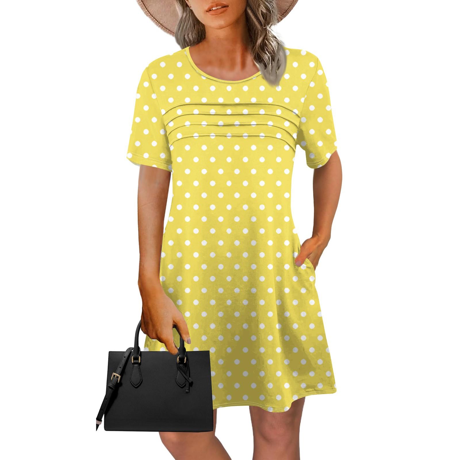 

Женское летнее платье в горошек с блестящим принтом, повседневное платье с коротким рукавом и круглым карманом XL жёлтый