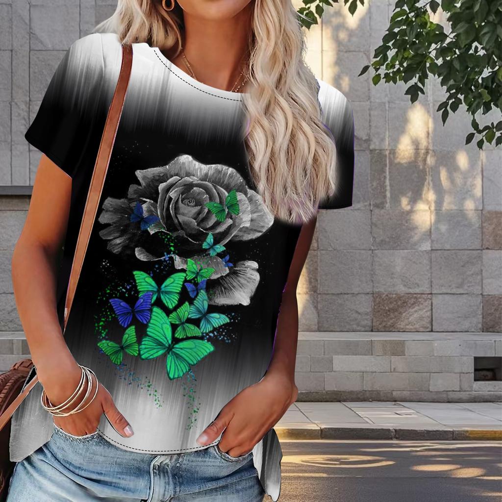Kadın Yazlık Tişört Kelebek Baskılı Retro Moda Kısa Kollu Tişörtler Günlük Baskılı Üstler