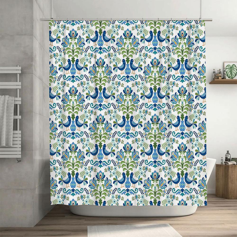 Floral Shower Curtain Botanical Pattern Blue Green Nature Home Decor Bathroom Fabric Waterproof Vintage Style Farmhouse Aestheti