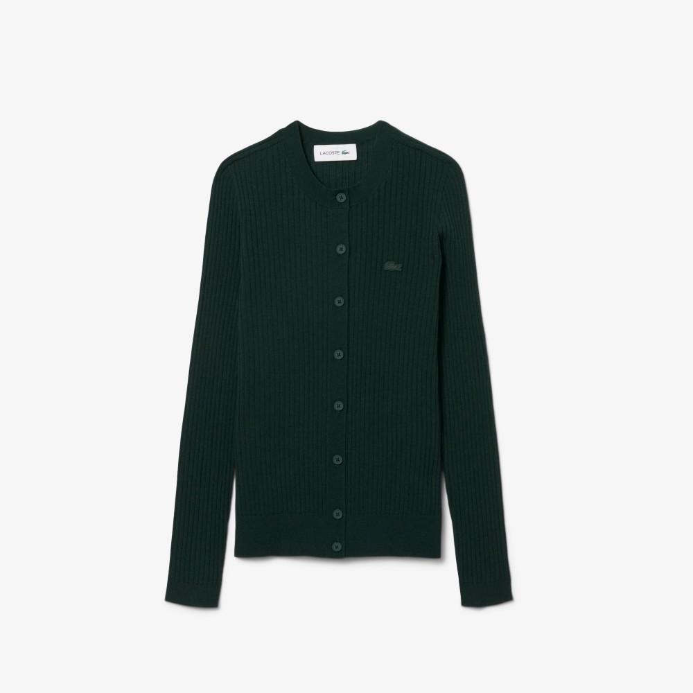 Lacoste Women's Ribbed Merino Wool Crew Neck Cardigan AF4141-55NYZP