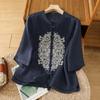 2025 Summer Women's Literary Fashion Ramie Embroidery Stand Collar Blouse - Solid Color, Loose Fit, Five-Sleeve Design