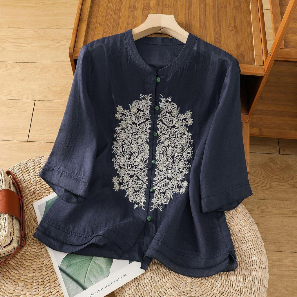 2025 Léto Dámská Literární Móda Ramie Výšivka Stojáček Blůza - Jednobarevná, Volný Střih, Pětirukávový Design