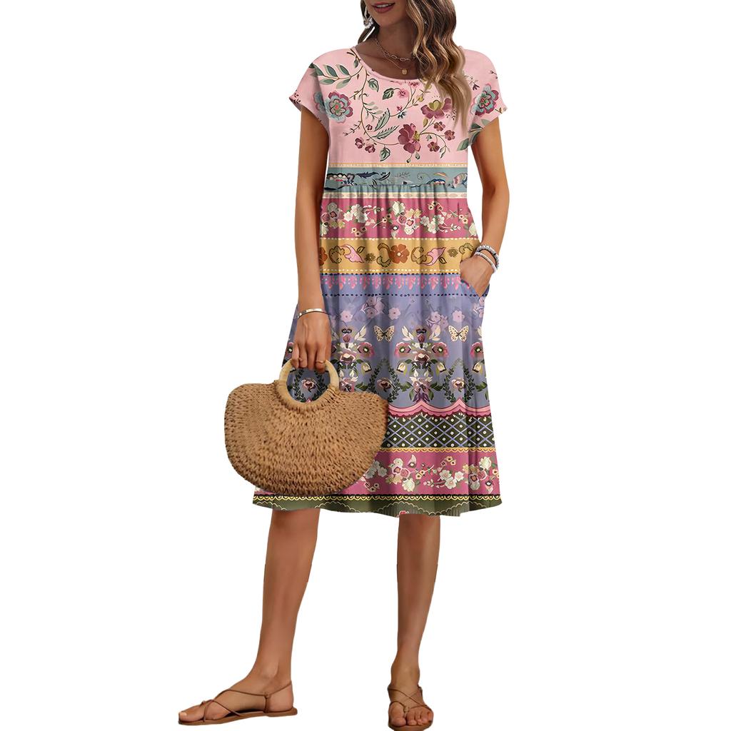 Women's Summer Fashion Casual Round Neck Short Sleeve Vintage Print Dress