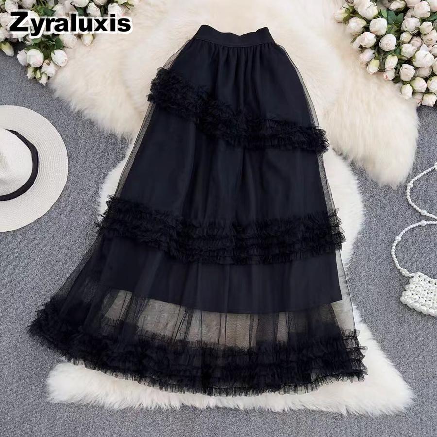 Autumn Sweet Retro Court Wood Ear Patchwork Irregular Cake Puffy Skirt Fairy Lace Mesh Half Skirt