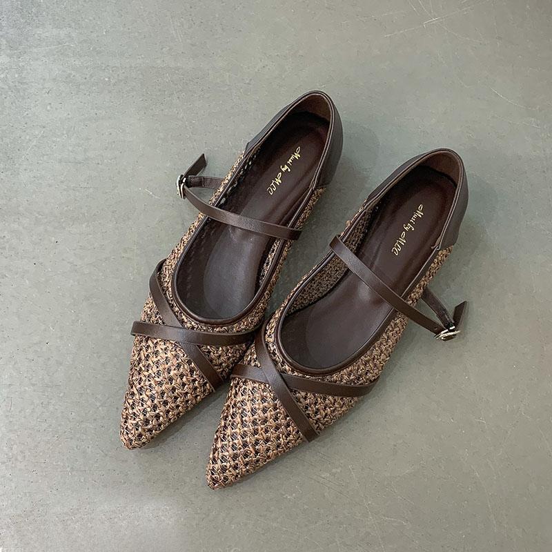 Fashion Weave Fashion Buckle Strap Women Flats Mary Janes Shoes Female Pointed Toe Ladies Flats Shoes With Height Increasing Footwear