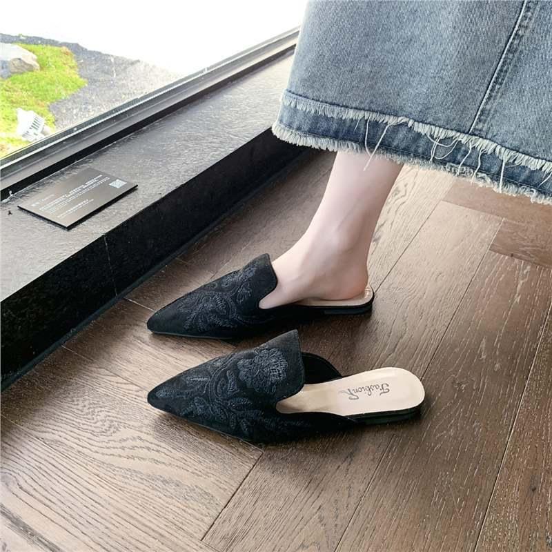 Fashion Summers Embroidery Women Mules Slippers Luxury Fashion Elegant Pointed Toe Slides Shoes Ladies Dress Flats Sandalias2025
