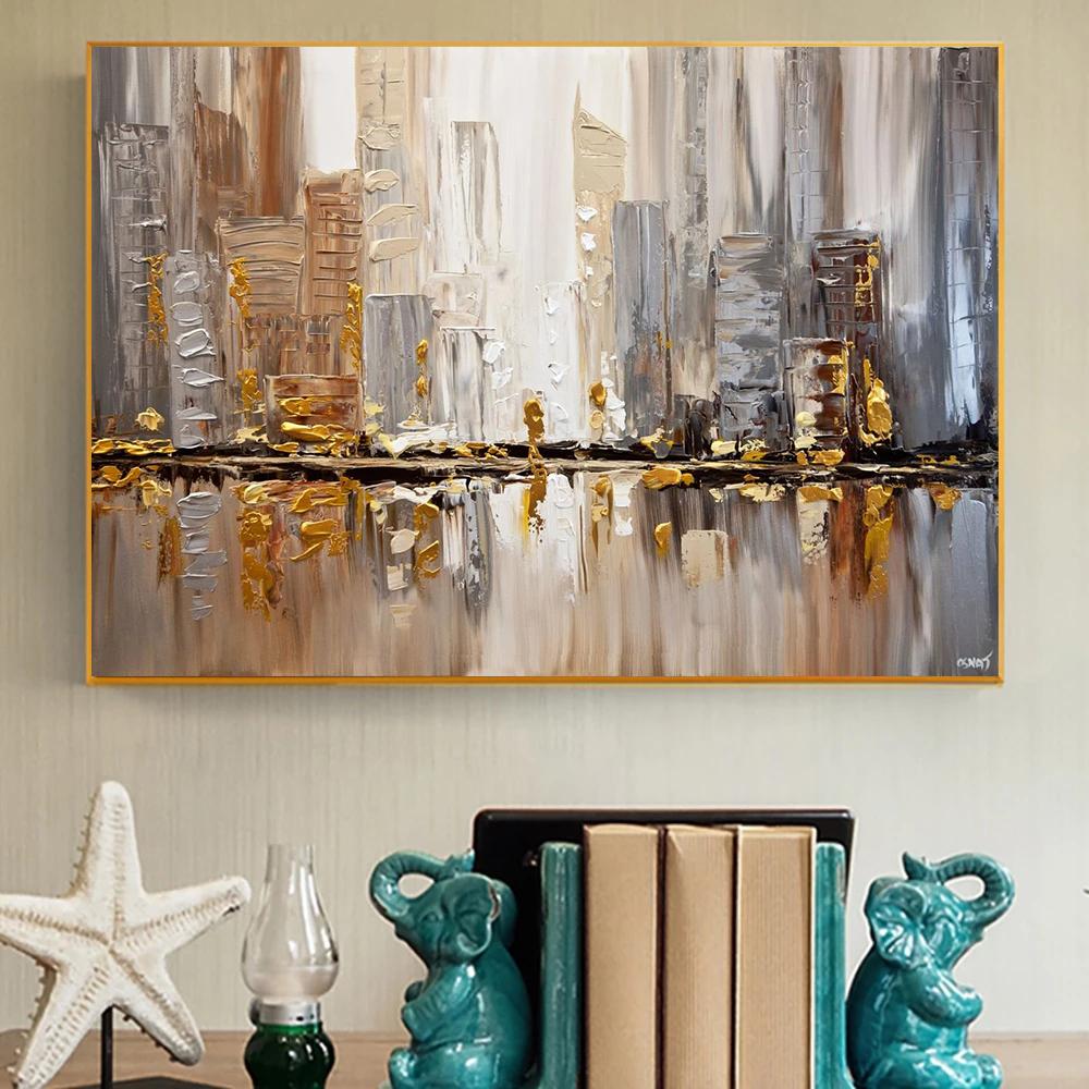 

Абстрактная картина маслом, печать на холсте, постер «Золотой город», настенный художественный пейзаж, современная картина с ножом для декора гостиной, Cuadros 50x70cm No Framed