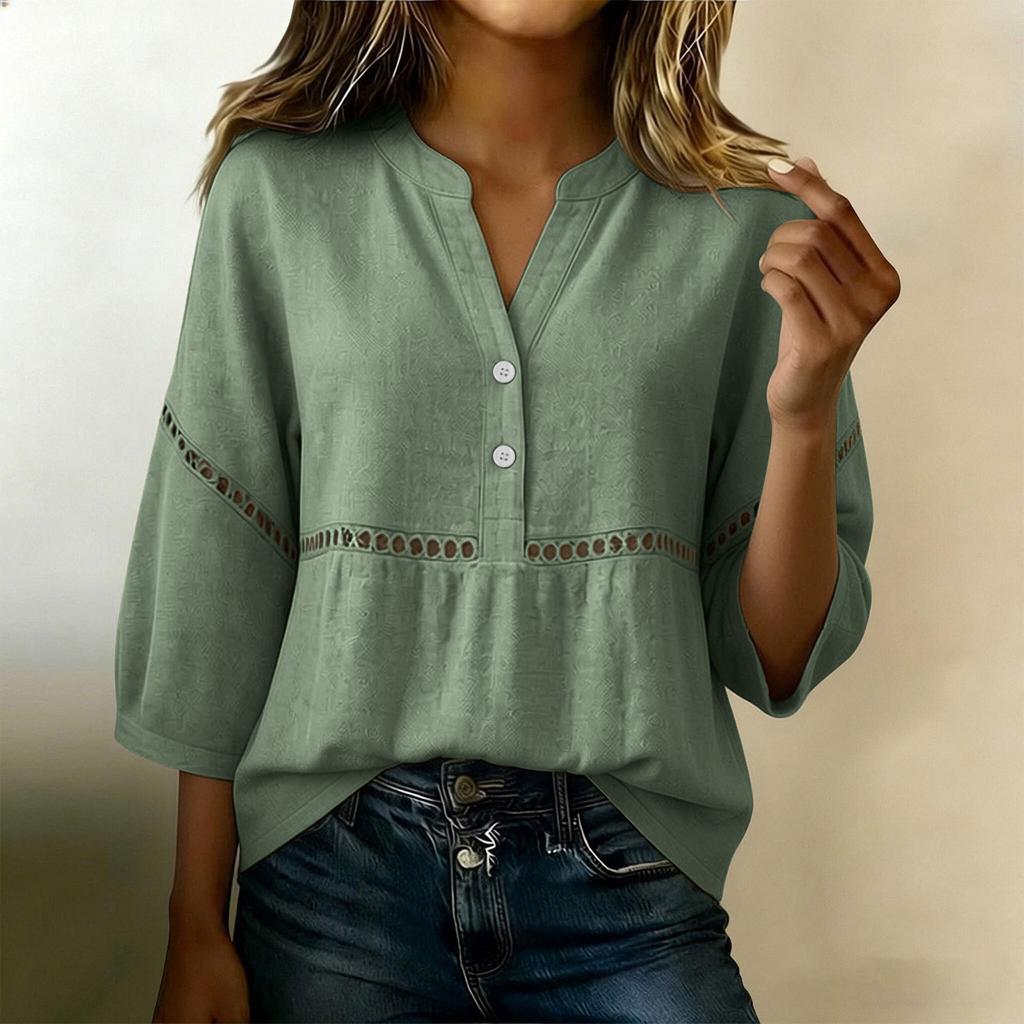 Women Loose Fit V Neck Button Front Casual Top Long Sleeve Cotton Linen Blend Pullover Shirt Lightweight Breathable Blouse