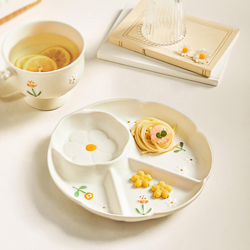 Cute Floral Relief Ceramic Plate Dividing Grids Breakfast Tablewares Durable Household Daily Fruit Salad Serving Dishes