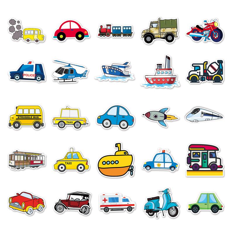 10/25/50pcs Transports Stickers Cartoon Cars Airplanes for Gift Room Learning Wall Decals Travel Luggage Phone Helmet