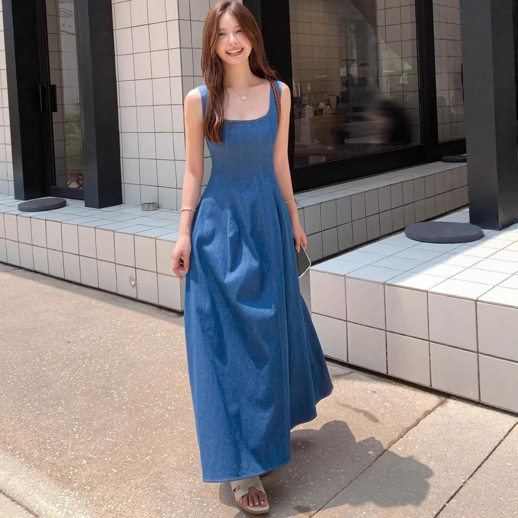 French Niche Design Sense Gentle Thin Denim Dress Women's Summer Waist Thin Temperament Suspender Dress