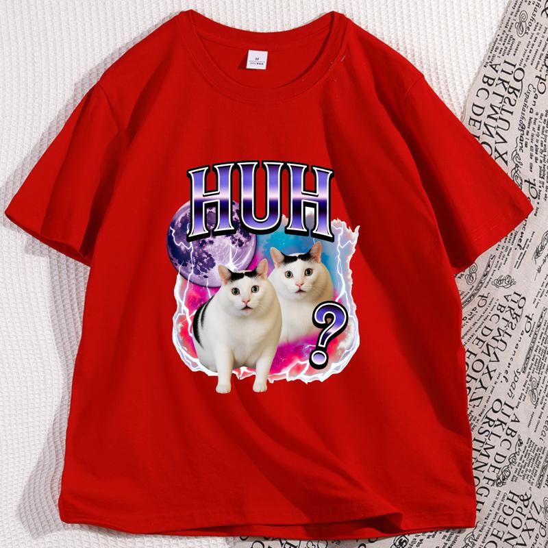 Huh Cat Chonky Meme Funny Confused Cat Tshirt Cotton Short Sleeve Round Neck Tshirts Loose Casual Male Clothes High Quality S