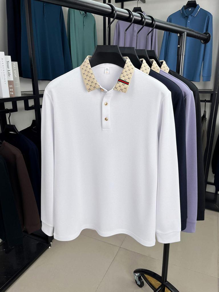 Men's Long-Sleeved Mulberry Silk Polo Shirt - Autumn Casual, Turn-Down Collar, Breathable Solid Color.