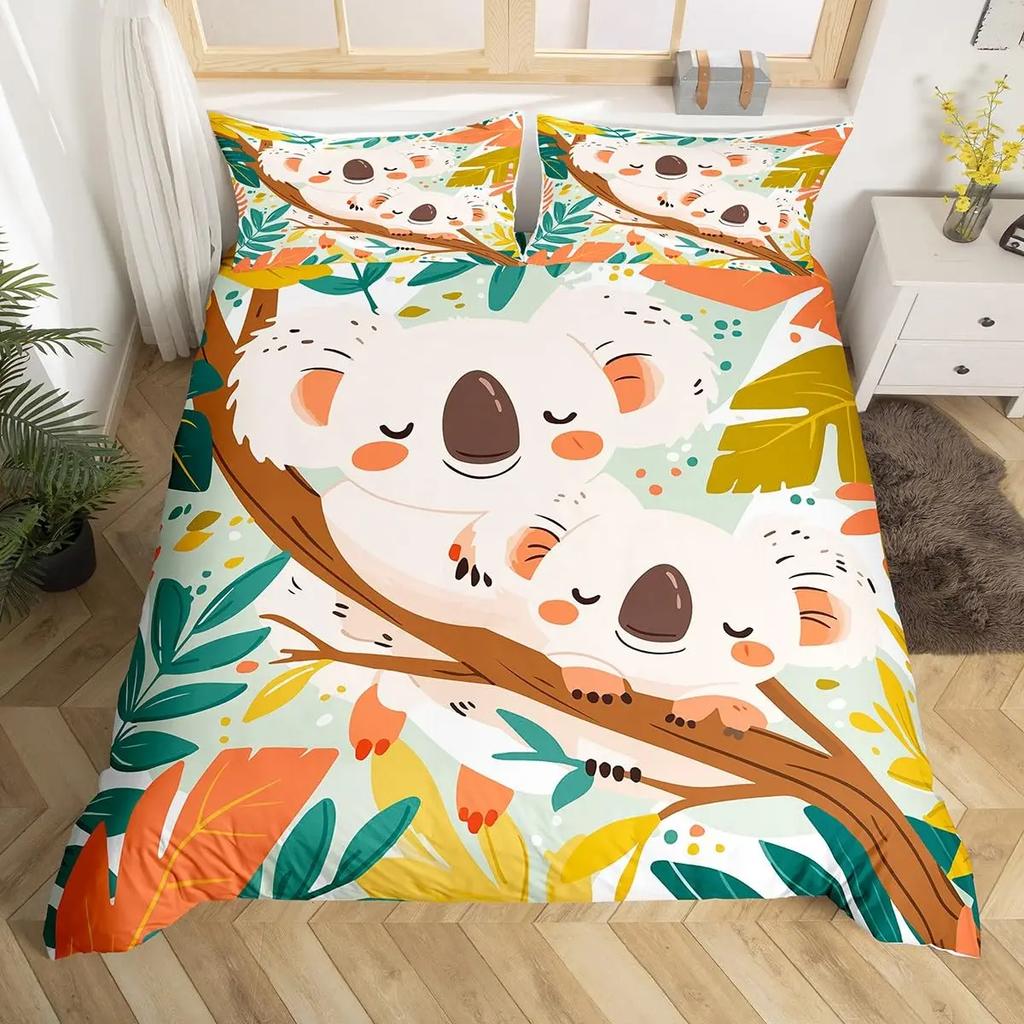 Cute Cartoon Koala Duvet Cover Set Botanical Blossom Floral Comforter Cover Kawaii Wild Animal Koala Bedding Set Twin Queen Size