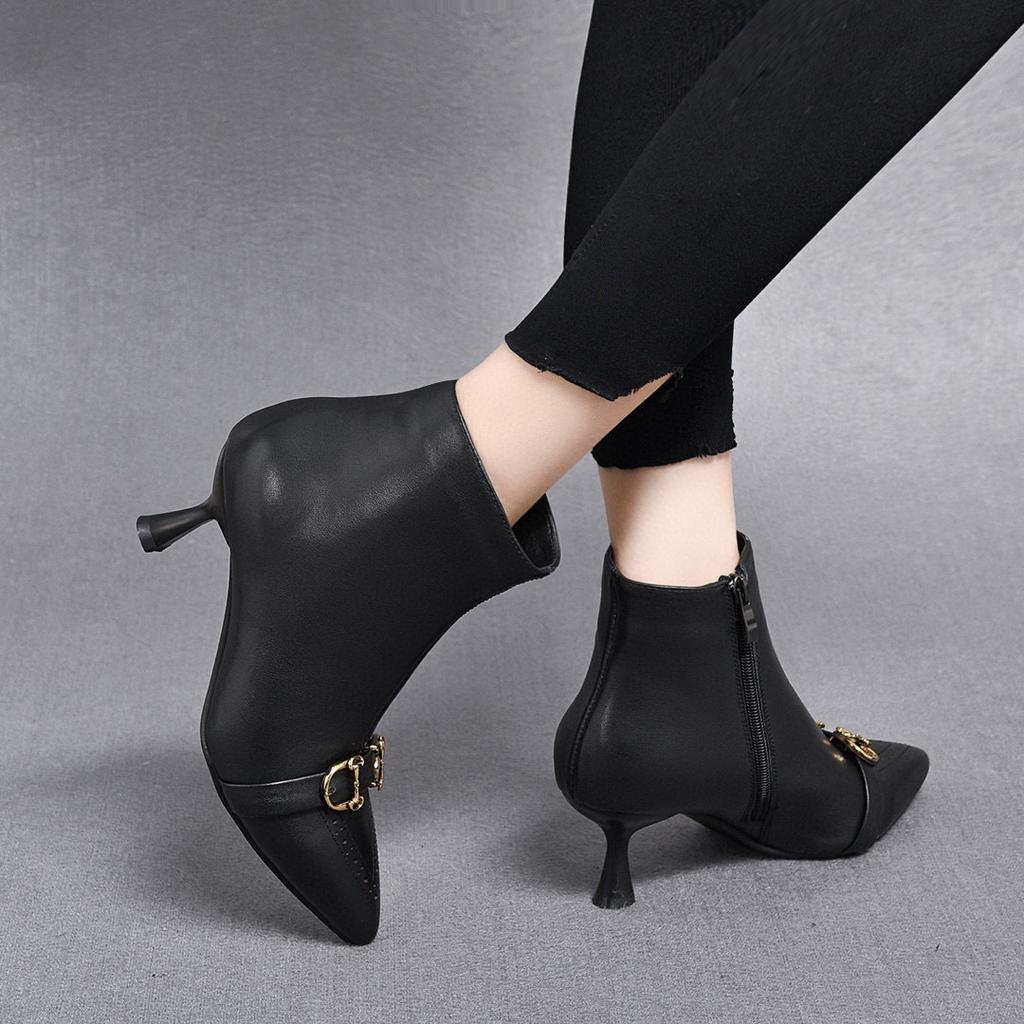 Fashion pointed small bare boots autumn and winter new stiletto fashion boots first layer cowhide side zipper short boots