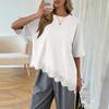Women Short Sleeve T Shirt Lace Trim Asymmetric Hem Casual Loose Fit Top Blouse Lightweight Breathable Soft Fabric