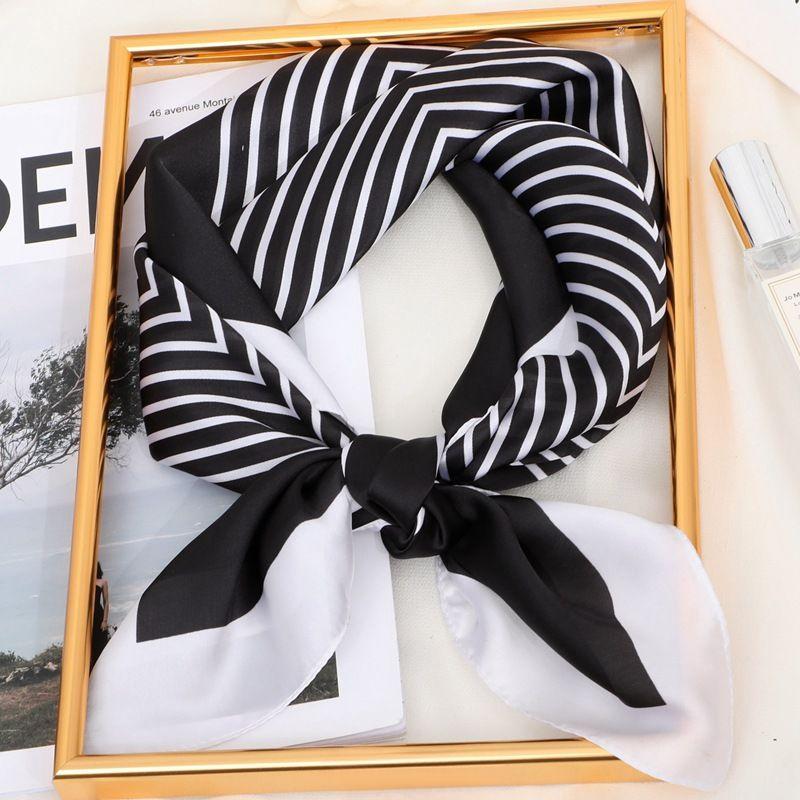 Stylish Women's Square Scarf with Simple Stripes: Silk-like Satin Smooth Texture Luxury Brand Appeal