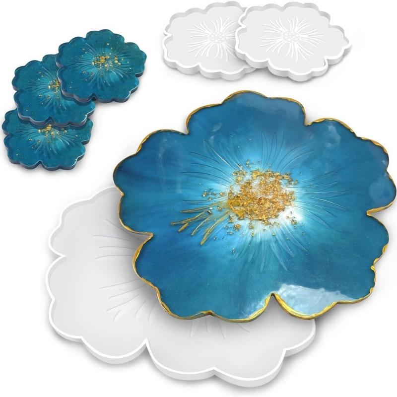 DIY Flower Shape Coaster Mold Silicone Epoxy Resin Handmade Craft Mold for Fruit Dish Clay Plaster Casting Home Decor