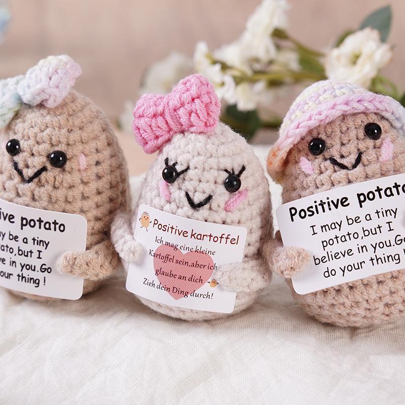 Funny Crochet Colorful Hat Potatoes With Card Home Room Decoration Handmade Knitted Positive Energy Potato Doll Christmas Gifts