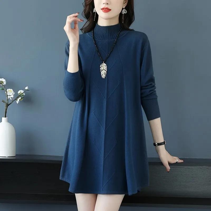 Autumn Winter Women Medium To Long Sweaters Pullover Half High Neck Warm Bottoming Shirt Pull Mid Long Knitted Sweater Female Tops