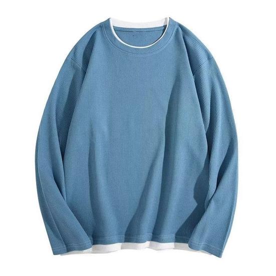Men O-Neck Waffle Sweatshirt Fake Two-Piece Long Sleeve T-shirt Casual Loose Pullover for Spring Autumn Daily Wear Street
