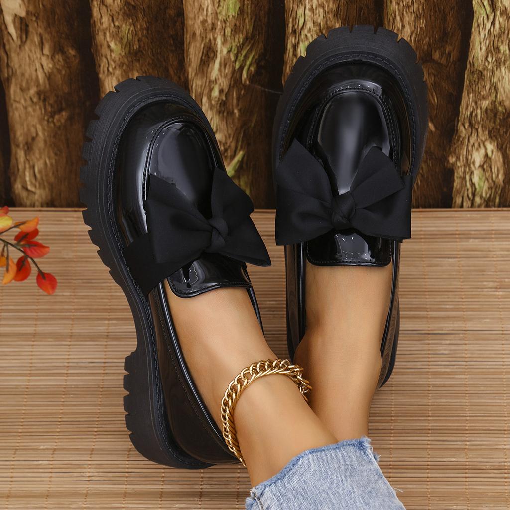 Round Head Bow Retro Small Leather Shoes 22 Years Old Beautiful British Style Thick Heel