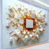 Striking 3D Explosion Cube Wall Art - Dynamic Visual Effect with Golden Accents, Polyester - Ideal for Living Room, Bedr