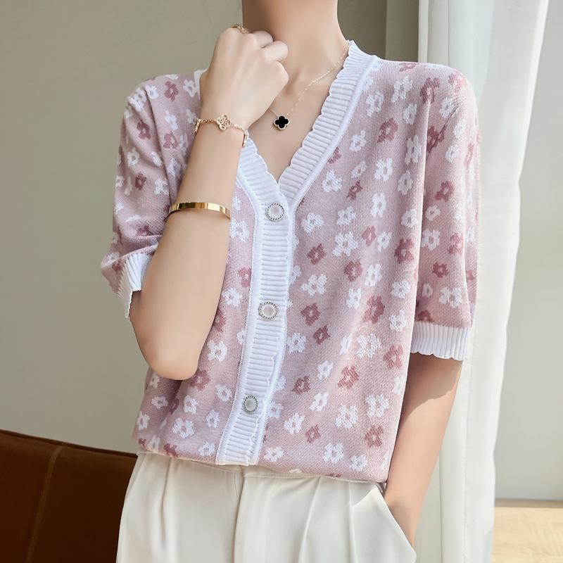 Žakárový kardigan z ledového hedvábí s krátkým rukávem, pletený top s výstřihem do V, letní kontrastní barvy, klimatizovaná košile