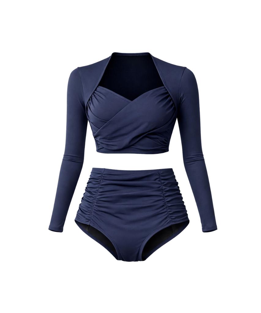 VIKINI VENDER Luan Shirred Long Sleeve High-Waisted Bikini - Navy