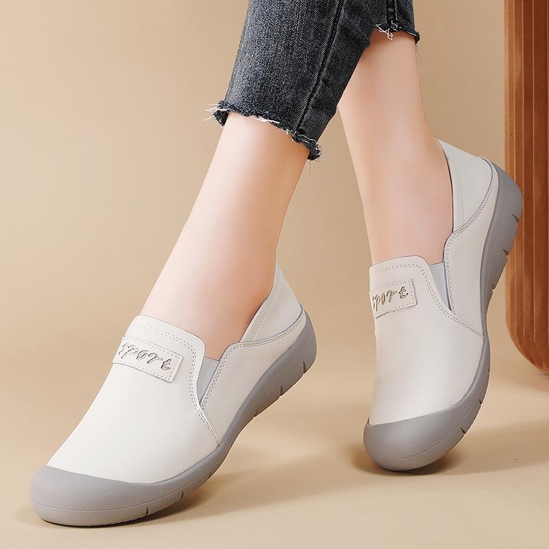 Genuine Leather Women's Flats 2 In 1 Casual Shoes Ladies Elastic Walking Shoes Slip-on Loafers Round Toe Slippers Waterproof Working Shoes