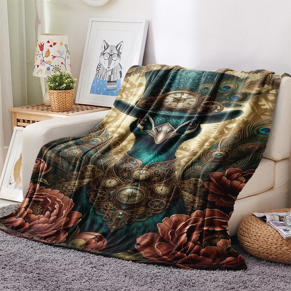 1PC Peacock and Peony Print FlAannel Blanket, High quality Comfortable for All Seasons, Home Decor, Warmth and Comfort