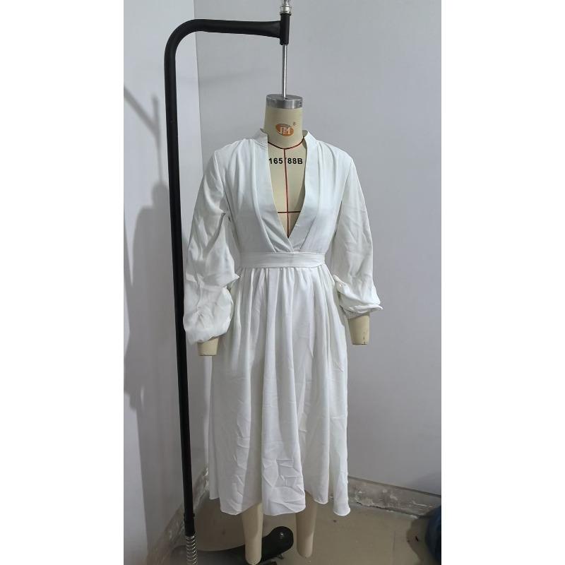 Women'S Long-Sleeved V-Neck Solid Color Pleated Belt Dress Long Dress