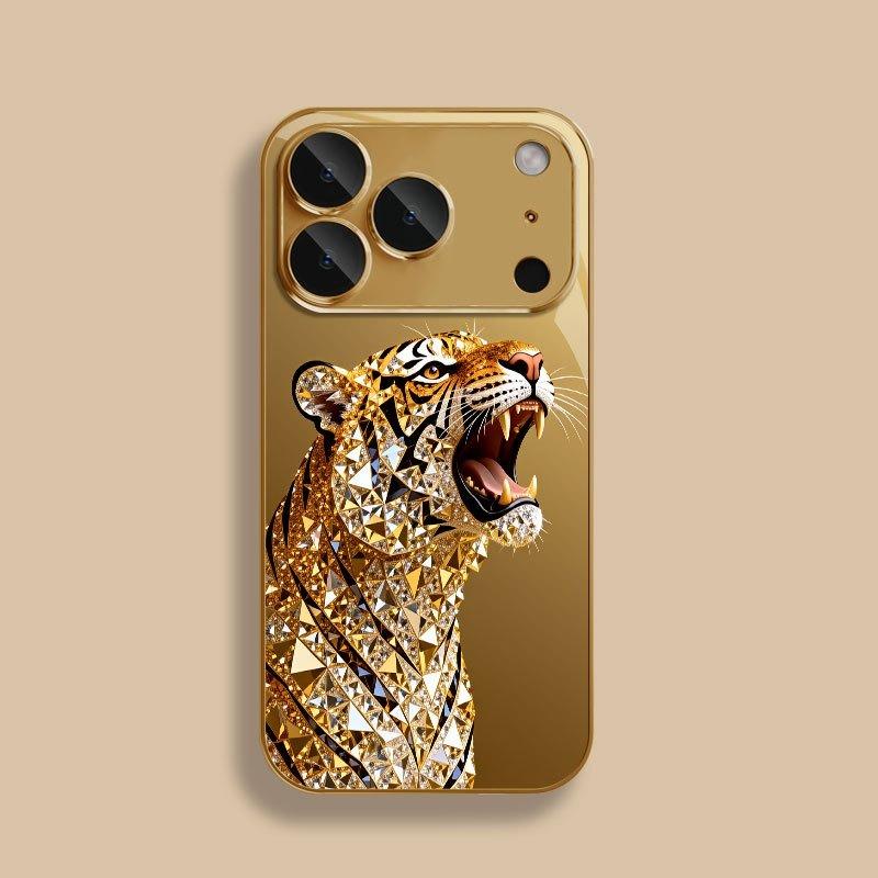 Golden Tiger Diamond Pattern Metallic Tempered Glass Phone Case For iPhone 11 12 13 14 15 16 17 18 Pro Max Plus 17 Air 16E Cover