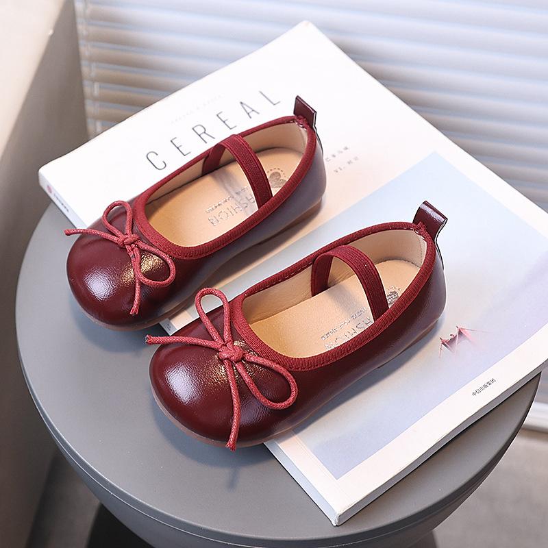 Girls Leather Shoes Round Toes Simple Bow Kids MaryJanes Slip-on Soild Color Versatile 2025 Brand New Children Flats Dance Shoes