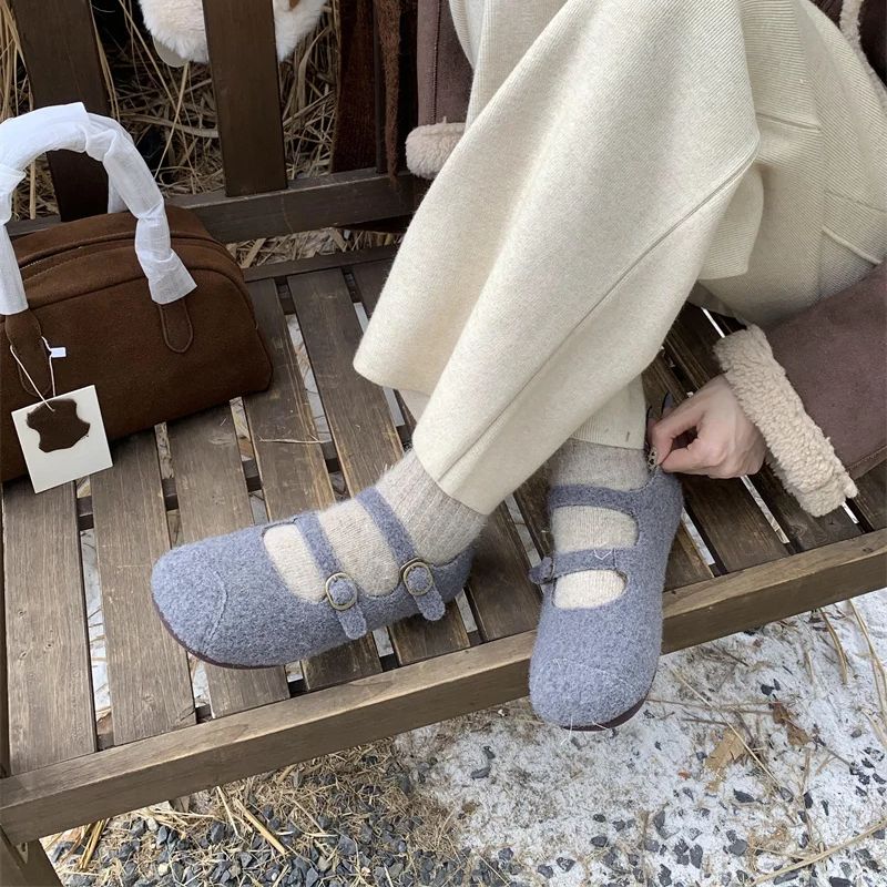 Fashion IPPEUM Women Mary Janes Shoes Winter Ballet Flats Plush Buckle Ballerinas Zapatos Mujer
