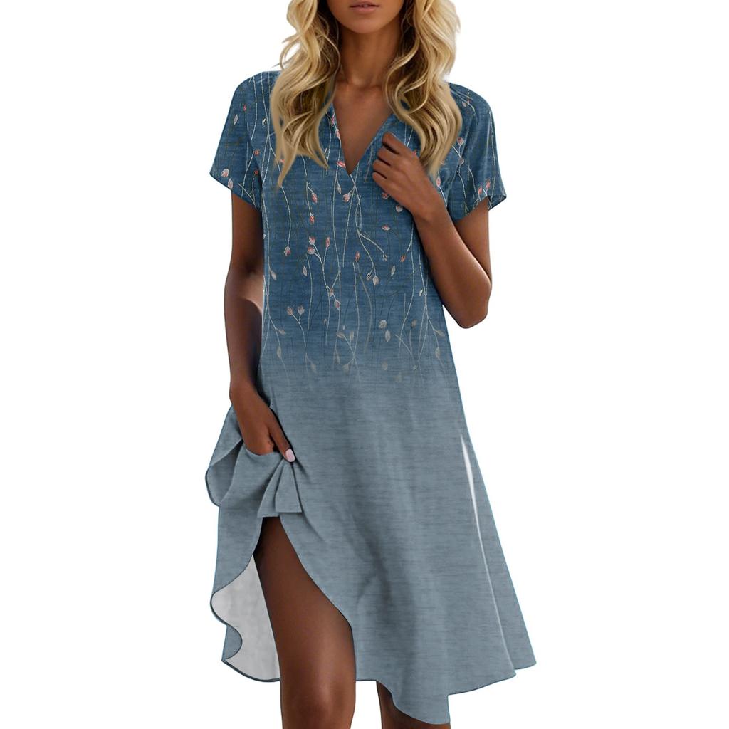 Lässiges Sommerkleid für Damen mit Blumenmuster und Stehkragen und kurzen Ärmeln
