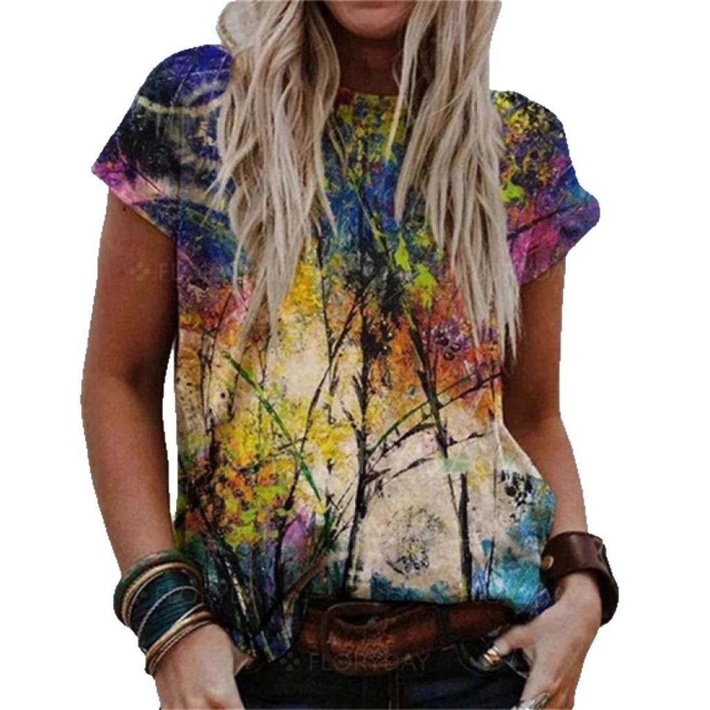 Summer Round Neck 3D Retro Print Top Fashionable Casual Short Sleeved Women's T-shirts