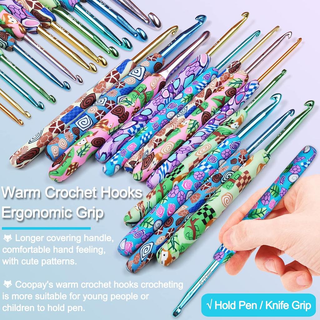 Coopay Complete Crochet Hooks Set for Beginners, 2.25mm-8mm Crochet Hook, Ergonomic Crochet Hooks for Arthritic Hands, Cute Animal Print Comfort Grip