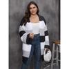 Women's Cardigan Plus Size Color Block Patchwork Woven Sweater Double Pocket Striped Sweater Coat