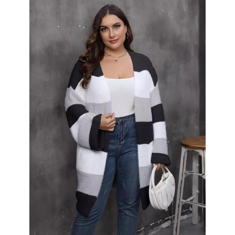 Women's Cardigan Plus Size Color Block Patchwork Woven Sweater Double Pocket Striped Sweater Coat
