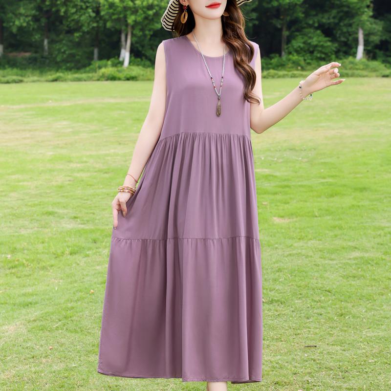 Elegant Sleeveless Dress for Women Plus Size Loose Vintage Print Long Dress Summer Middle-aged Women's Clothing