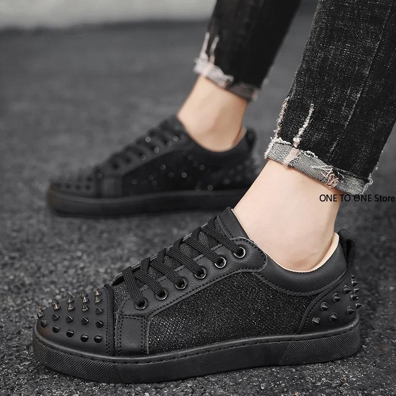 Fashion Men Sneakers Casual Designer Rivet Punk Board Shoes Fashion Leather Canvas Breathable Height Increased Flat Platform White Shoes