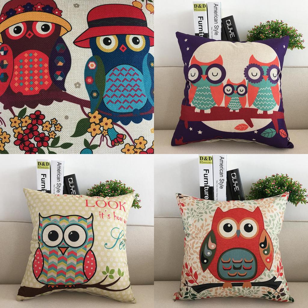 Premium Linen And Cotton Owl Print Square Pillowcases For Sofa And Car Back Cushion